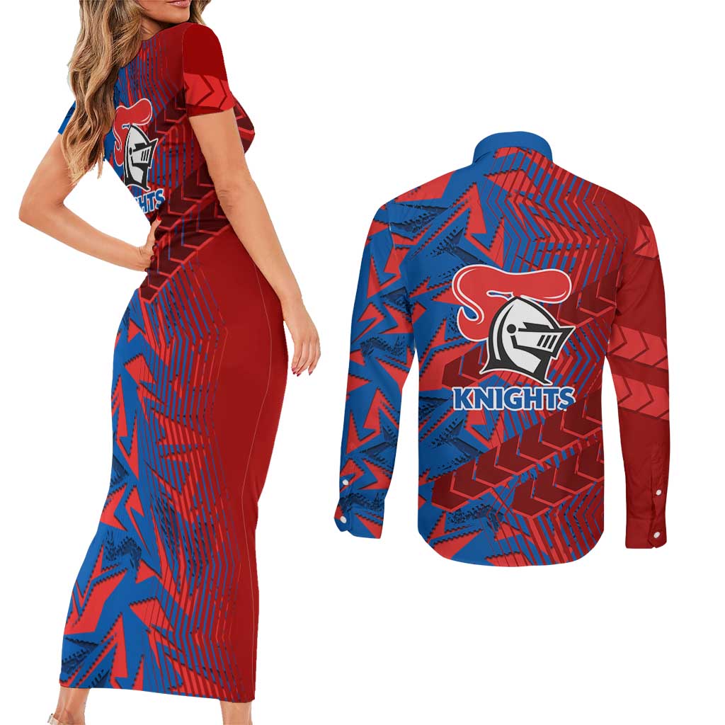 Newcastle Knights Rugby Couples Matching Short Sleeve Bodycon Dress and Long Sleeve Button Shirt Fierce Mascot Geometric Tribal Art