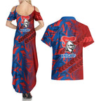 Newcastle Knights Rugby Couples Matching Summer Maxi Dress and Hawaiian Shirt Fierce Mascot Geometric Tribal Art