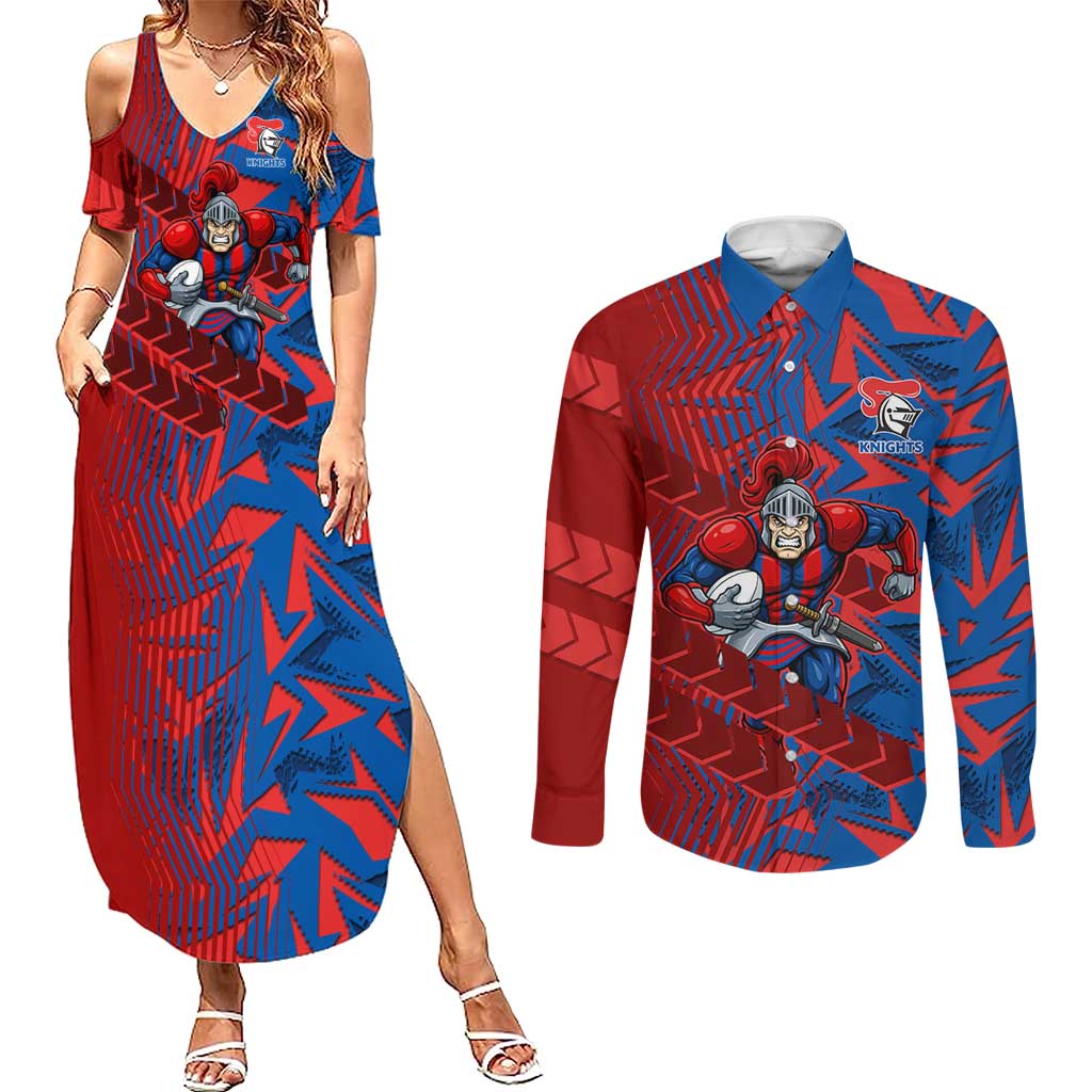Newcastle Knights Rugby Couples Matching Summer Maxi Dress and Long Sleeve Button Shirt Fierce Mascot Geometric Tribal Art
