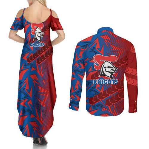 Newcastle Knights Rugby Couples Matching Summer Maxi Dress and Long Sleeve Button Shirt Fierce Mascot Geometric Tribal Art