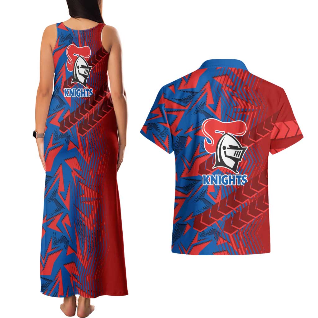 Newcastle Knights Rugby Couples Matching Tank Maxi Dress and Hawaiian Shirt Fierce Mascot Geometric Tribal Art