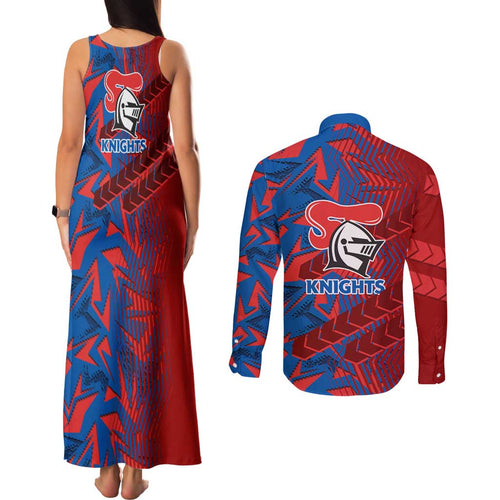 Newcastle Knights Rugby Couples Matching Tank Maxi Dress and Long Sleeve Button Shirt Fierce Mascot Geometric Tribal Art