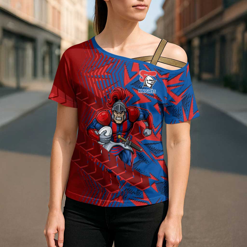 Newcastle Knights Rugby Cross Shoulder Shirt Fierce Mascot Geometric Tribal Art