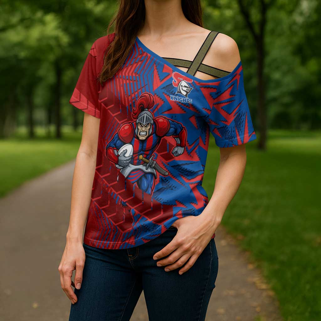 Newcastle Knights Rugby Cross Shoulder Shirt Fierce Mascot Geometric Tribal Art