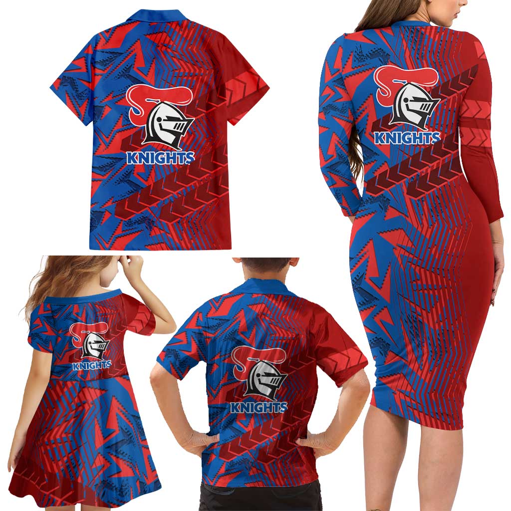 Newcastle Knights Rugby Family Matching Long Sleeve Bodycon Dress and Hawaiian Shirt Fierce Mascot Geometric Tribal Art
