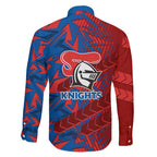 Newcastle Knights Rugby Family Matching Long Sleeve Bodycon Dress and Hawaiian Shirt Fierce Mascot Geometric Tribal Art