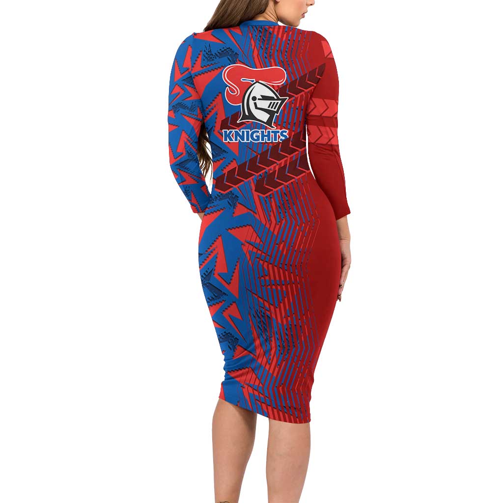Newcastle Knights Rugby Family Matching Long Sleeve Bodycon Dress and Hawaiian Shirt Fierce Mascot Geometric Tribal Art