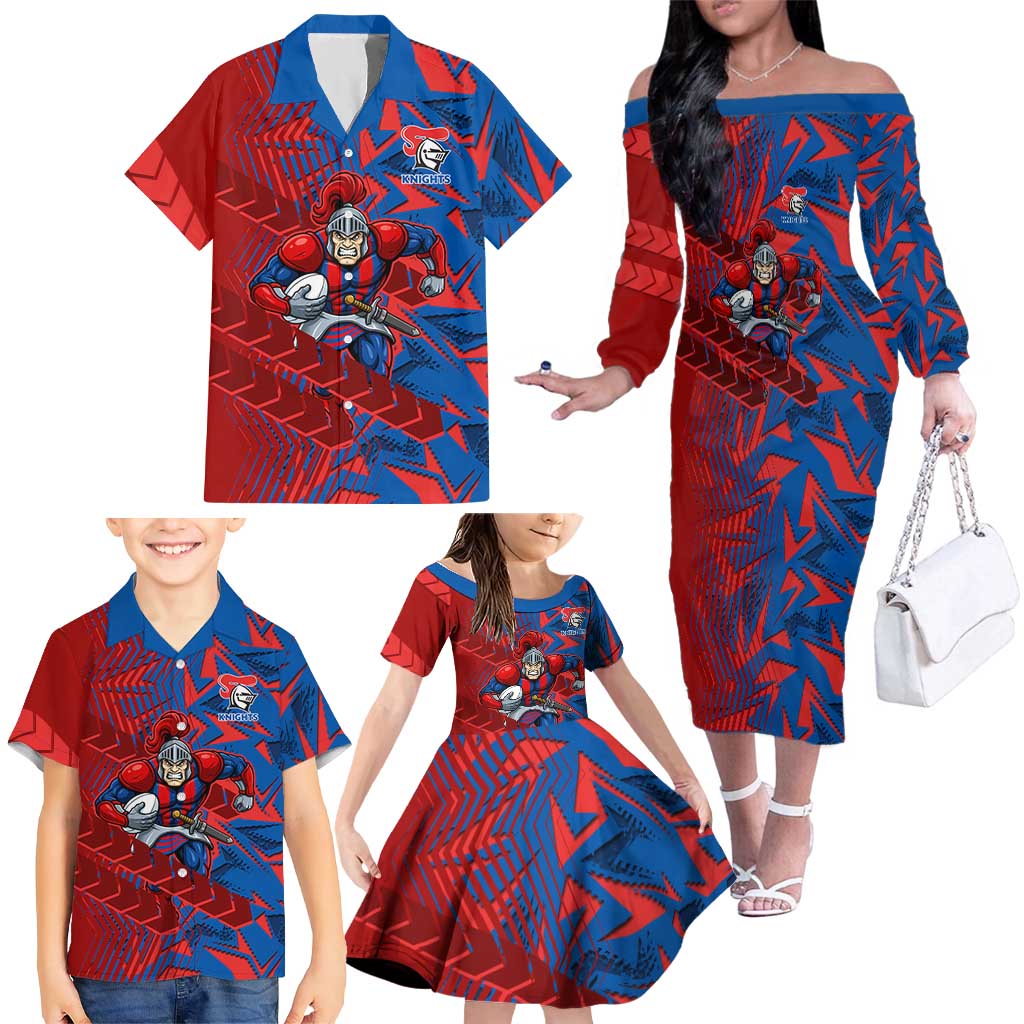 Newcastle Knights Rugby Family Matching Off The Shoulder Long Sleeve Dress and Hawaiian Shirt Fierce Mascot Geometric Tribal Art