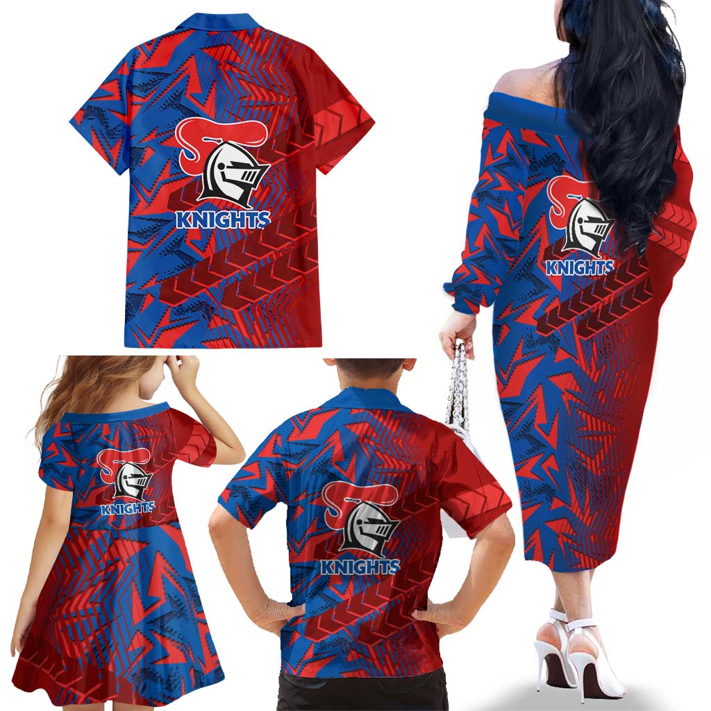 Newcastle Knights Rugby Family Matching Off The Shoulder Long Sleeve Dress and Hawaiian Shirt Fierce Mascot Geometric Tribal Art