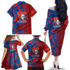 Newcastle Knights Rugby Family Matching Off The Shoulder Long Sleeve Dress and Hawaiian Shirt Fierce Mascot Geometric Tribal Art