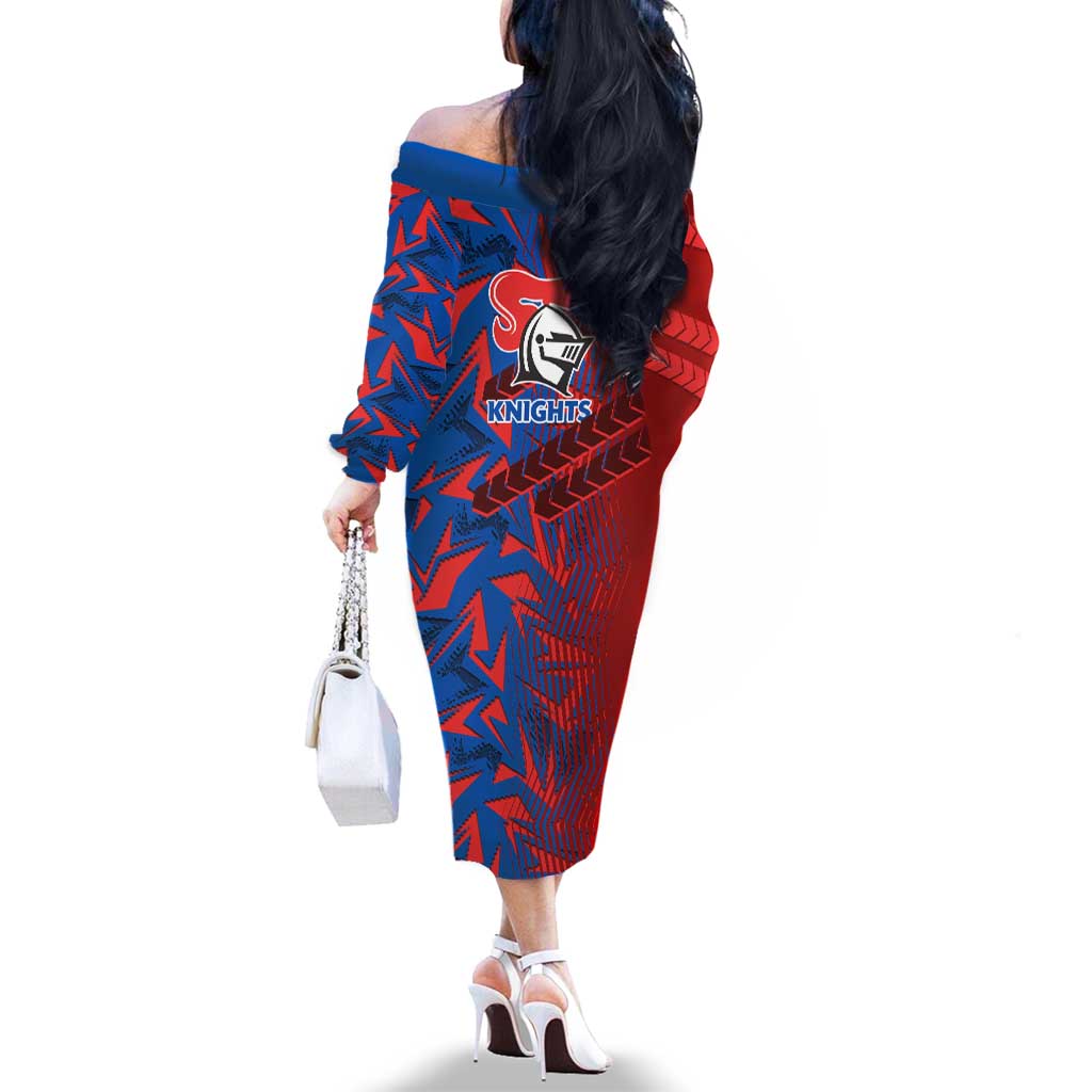 Newcastle Knights Rugby Family Matching Off The Shoulder Long Sleeve Dress and Hawaiian Shirt Fierce Mascot Geometric Tribal Art
