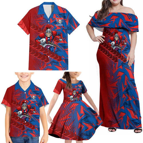 Newcastle Knights Rugby Family Matching Off Shoulder Maxi Dress and Hawaiian Shirt Fierce Mascot Geometric Tribal Art