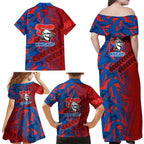 Newcastle Knights Rugby Family Matching Off Shoulder Maxi Dress and Hawaiian Shirt Fierce Mascot Geometric Tribal Art