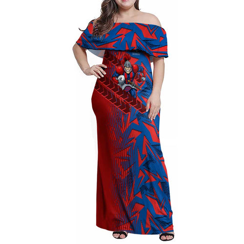 Newcastle Knights Rugby Family Matching Off Shoulder Maxi Dress and Hawaiian Shirt Fierce Mascot Geometric Tribal Art