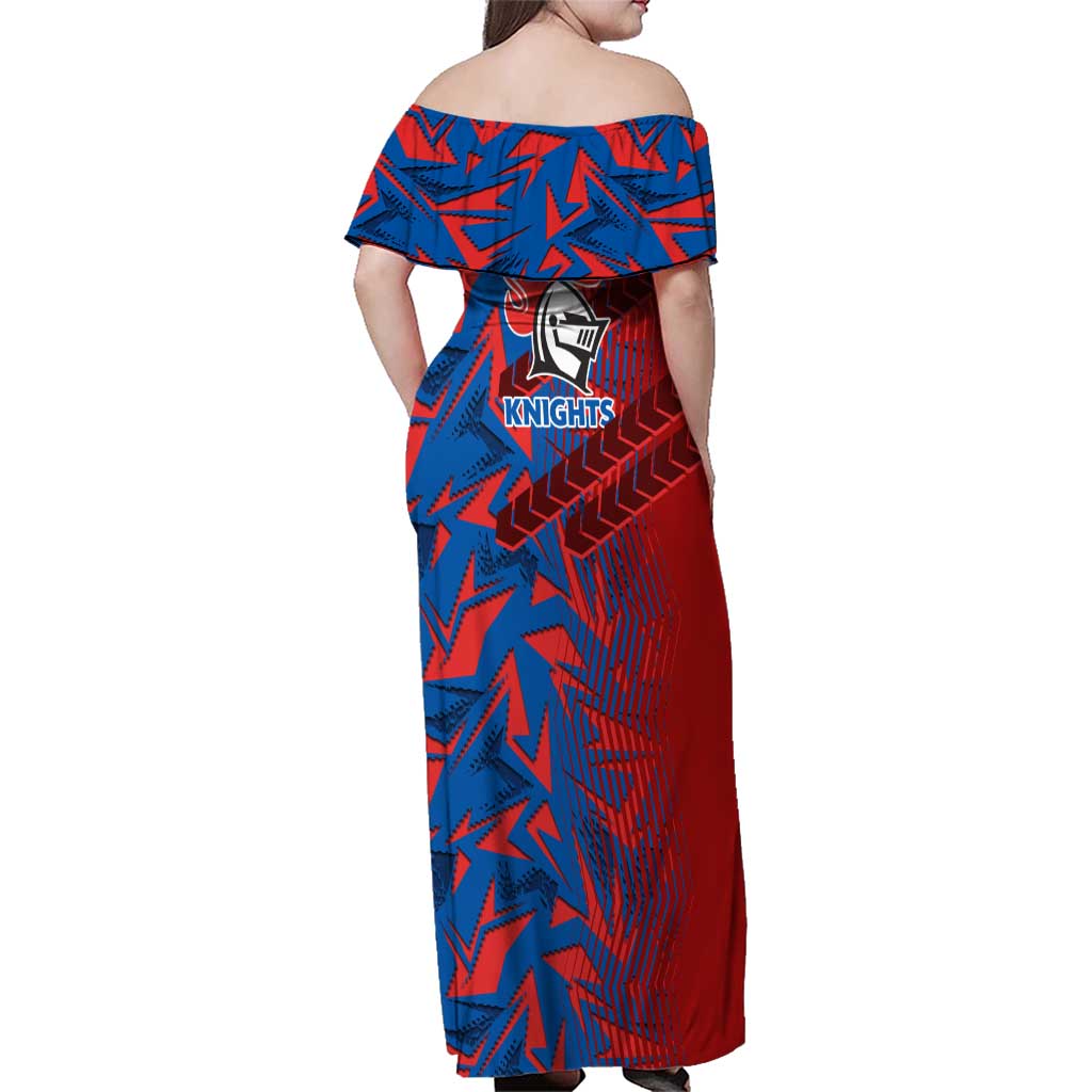 Newcastle Knights Rugby Family Matching Off Shoulder Maxi Dress and Hawaiian Shirt Fierce Mascot Geometric Tribal Art