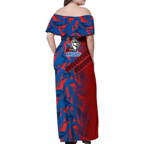 Newcastle Knights Rugby Family Matching Off Shoulder Maxi Dress and Hawaiian Shirt Fierce Mascot Geometric Tribal Art