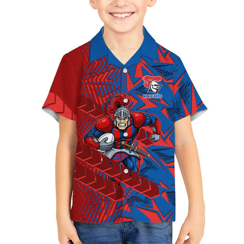Newcastle Knights Rugby Family Matching Off Shoulder Maxi Dress and Hawaiian Shirt Fierce Mascot Geometric Tribal Art