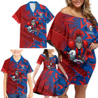 Newcastle Knights Rugby Family Matching Off Shoulder Short Dress and Hawaiian Shirt Fierce Mascot Geometric Tribal Art