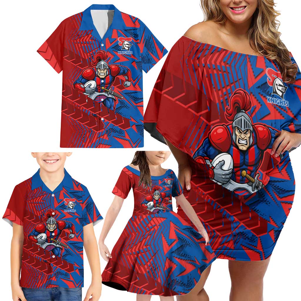Newcastle Knights Rugby Family Matching Off Shoulder Short Dress and Hawaiian Shirt Fierce Mascot Geometric Tribal Art