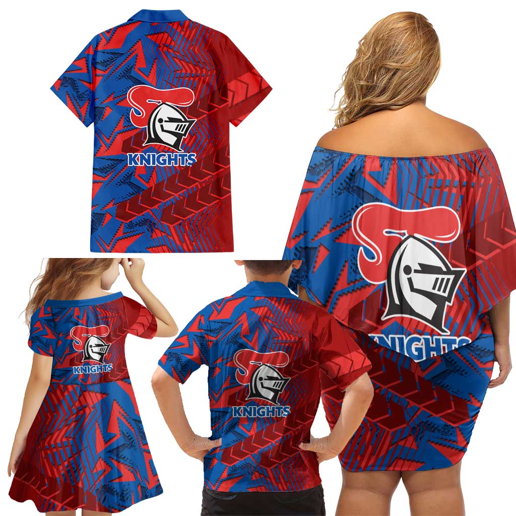 Newcastle Knights Rugby Family Matching Off Shoulder Short Dress and Hawaiian Shirt Fierce Mascot Geometric Tribal Art