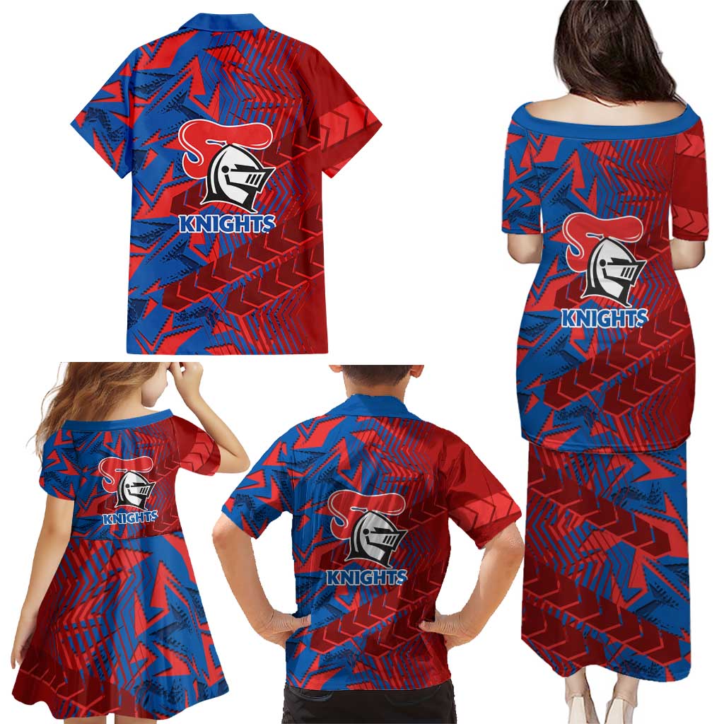 Newcastle Knights Rugby Family Matching Puletasi and Hawaiian Shirt Fierce Mascot Geometric Tribal Art