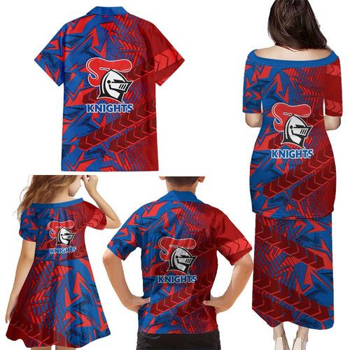 Newcastle Knights Rugby Family Matching Puletasi and Hawaiian Shirt Fierce Mascot Geometric Tribal Art