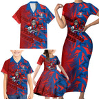 Newcastle Knights Rugby Family Matching Short Sleeve Bodycon Dress and Hawaiian Shirt Fierce Mascot Geometric Tribal Art