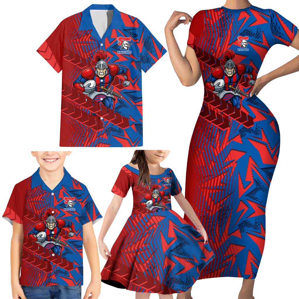 Newcastle Knights Rugby Family Matching Short Sleeve Bodycon Dress and Hawaiian Shirt Fierce Mascot Geometric Tribal Art