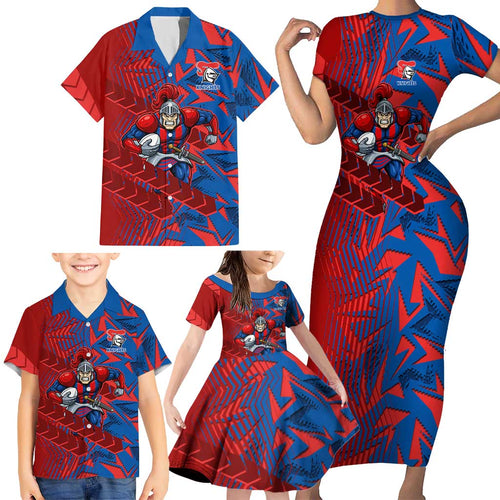 Newcastle Knights Rugby Family Matching Short Sleeve Bodycon Dress and Hawaiian Shirt Fierce Mascot Geometric Tribal Art
