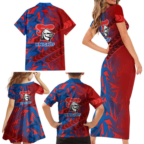 Newcastle Knights Rugby Family Matching Short Sleeve Bodycon Dress and Hawaiian Shirt Fierce Mascot Geometric Tribal Art