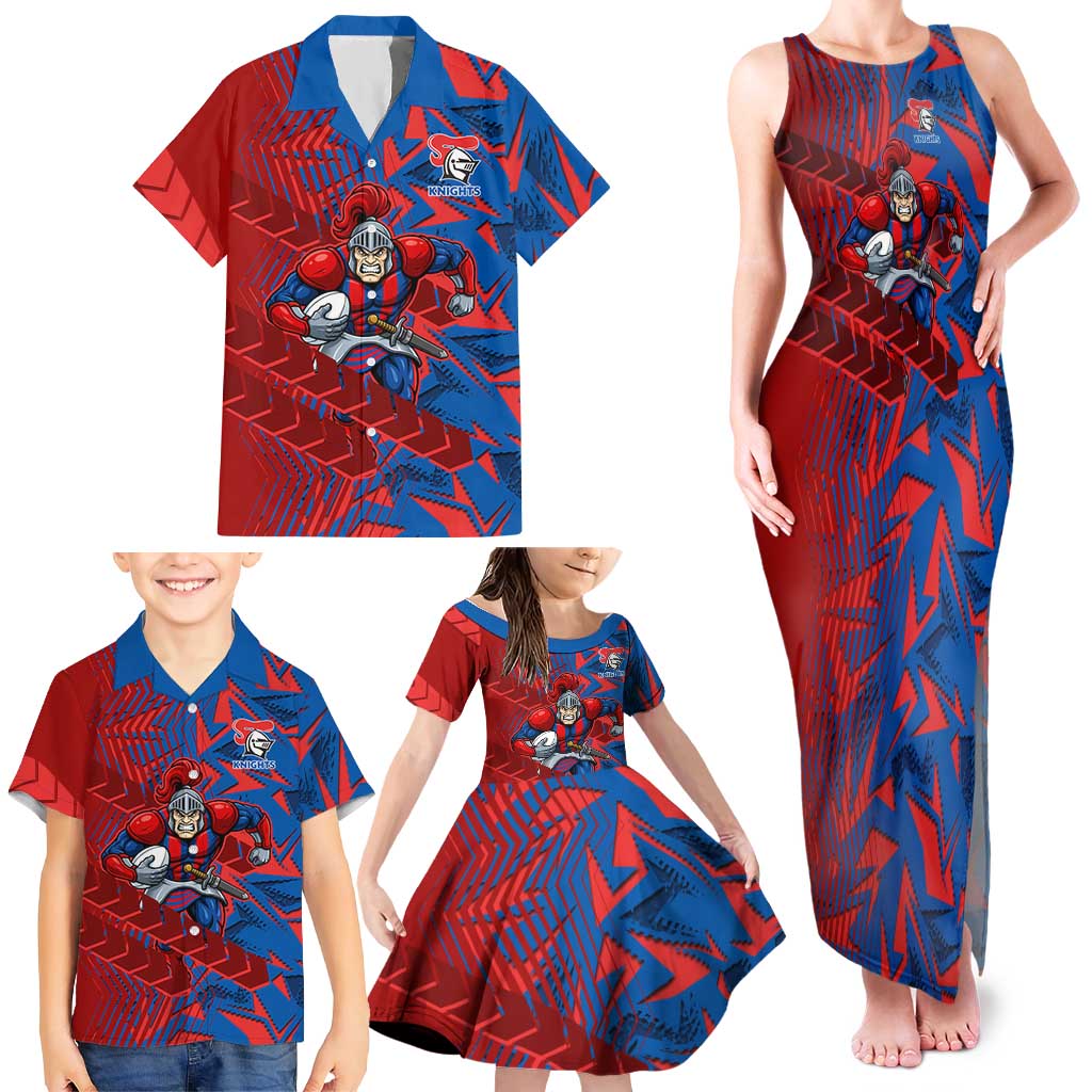 Newcastle Knights Rugby Family Matching Tank Maxi Dress and Hawaiian Shirt Fierce Mascot Geometric Tribal Art