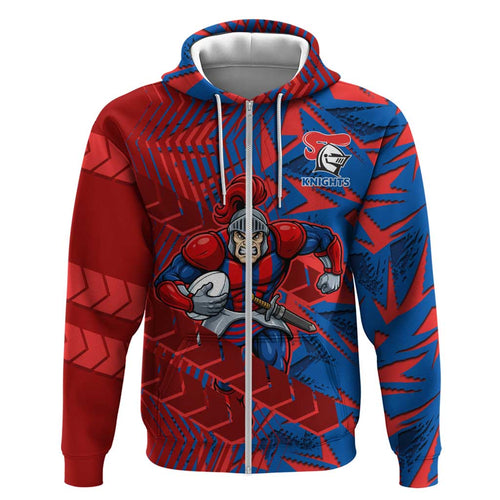 Newcastle Knights Rugby Hoodie Fierce Mascot Geometric Tribal Art