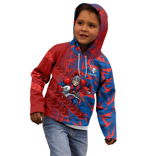 Newcastle Knights Rugby Kid Hoodie Fierce Mascot Geometric Tribal Art