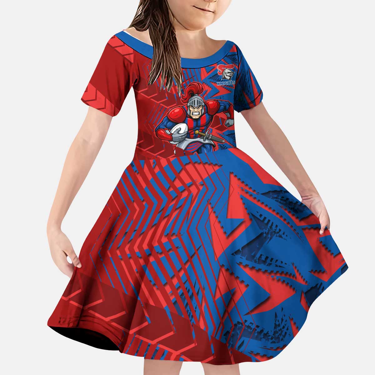 Newcastle Knights Rugby Kid Short Sleeve Dress Fierce Mascot Geometric Tribal Art
