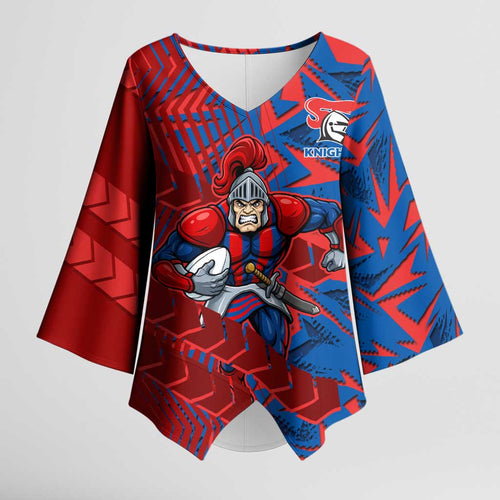 Newcastle Knights Rugby Kimono Sleeve Blouse Fierce Mascot Geometric Tribal Art
