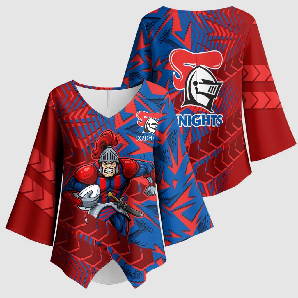 Newcastle Knights Rugby Kimono Sleeve Blouse Fierce Mascot Geometric Tribal Art