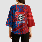 Newcastle Knights Rugby Kimono Sleeve Blouse Fierce Mascot Geometric Tribal Art
