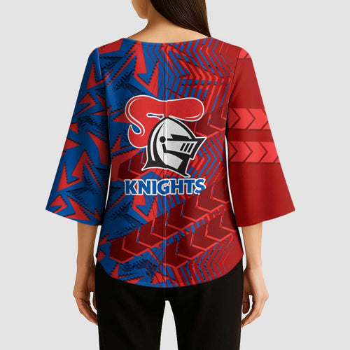 Newcastle Knights Rugby Kimono Sleeve Blouse Fierce Mascot Geometric Tribal Art