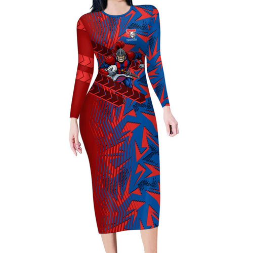 Newcastle Knights Rugby Long Sleeve Bodycon Dress Fierce Mascot Geometric Tribal Art