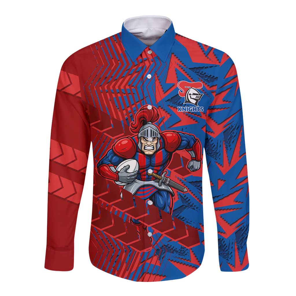 Newcastle Knights Rugby Long Sleeve Button Shirt Fierce Mascot Geometric Tribal Art