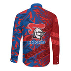 Newcastle Knights Rugby Long Sleeve Button Shirt Fierce Mascot Geometric Tribal Art