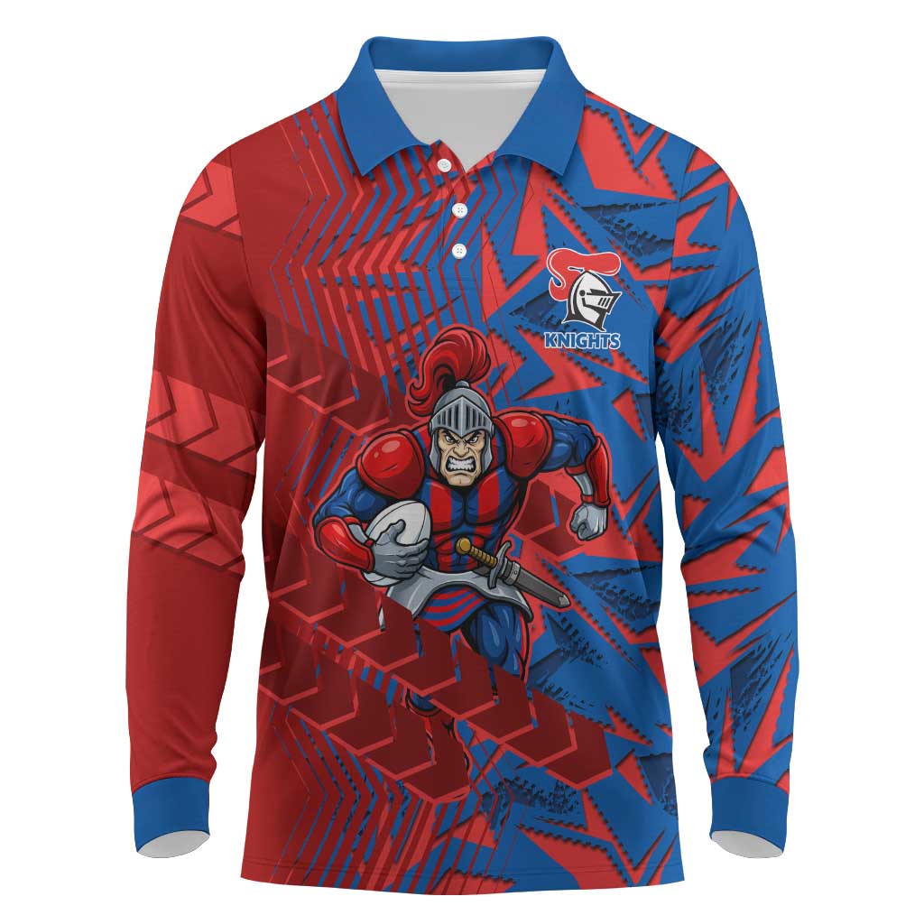 Newcastle Knights Rugby Long Sleeve Polo Shirt Fierce Mascot Geometric Tribal Art