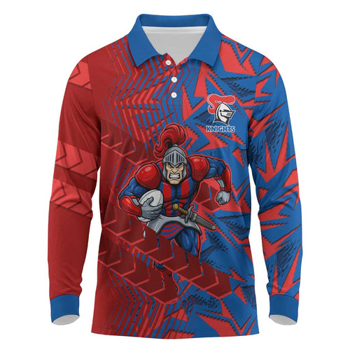 Newcastle Knights Rugby Long Sleeve Polo Shirt Fierce Mascot Geometric Tribal Art