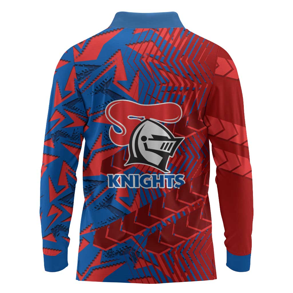 Newcastle Knights Rugby Long Sleeve Polo Shirt Fierce Mascot Geometric Tribal Art