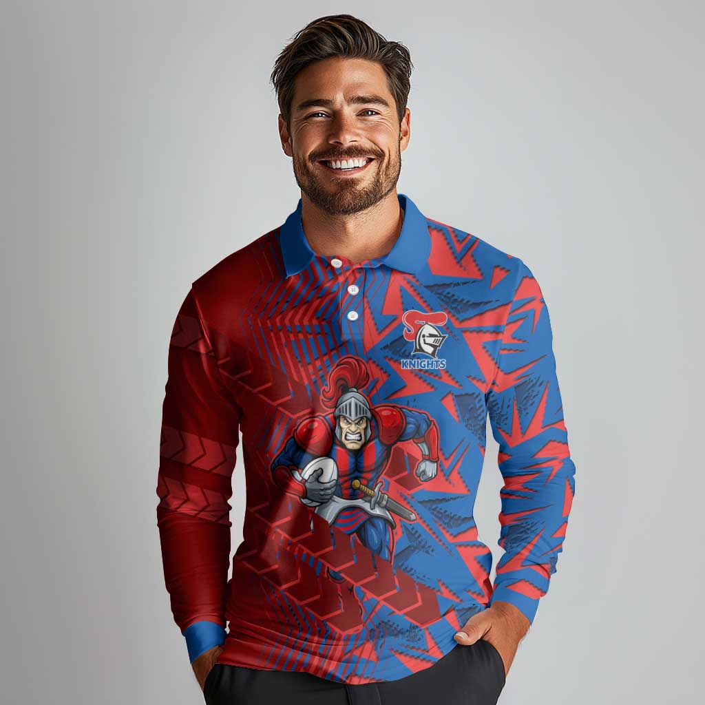 Newcastle Knights Rugby Long Sleeve Polo Shirt Fierce Mascot Geometric Tribal Art