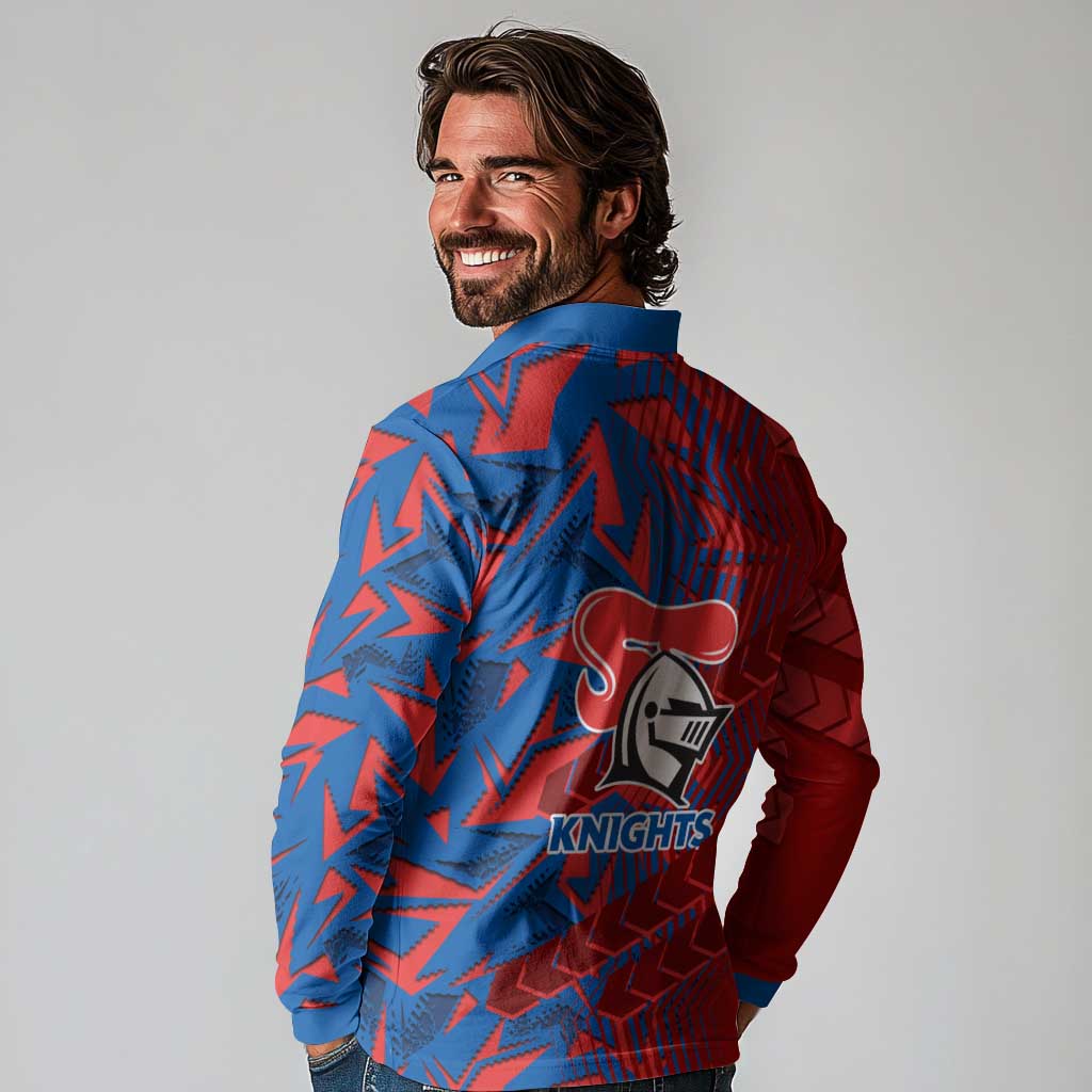 Newcastle Knights Rugby Long Sleeve Polo Shirt Fierce Mascot Geometric Tribal Art