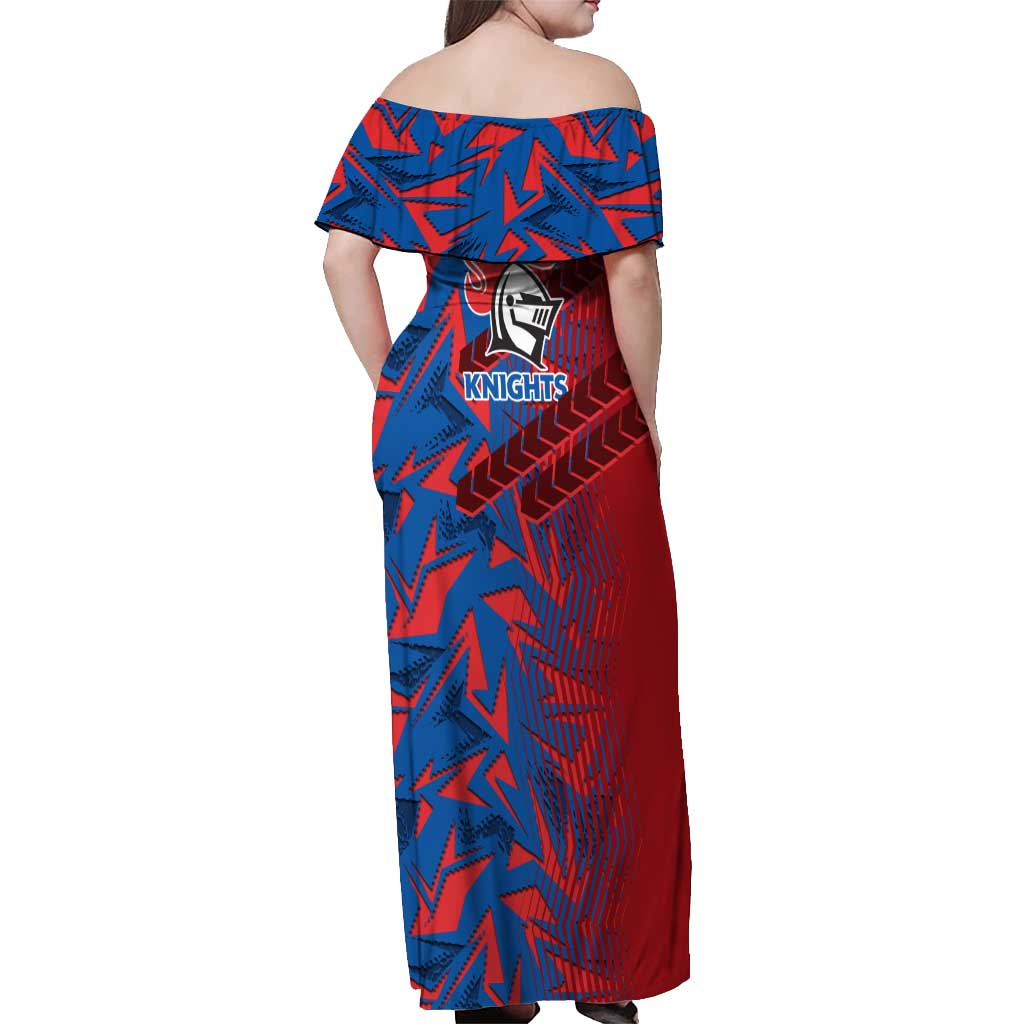 Newcastle Knights Rugby Off Shoulder Maxi Dress Fierce Mascot Geometric Tribal Art