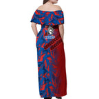 Newcastle Knights Rugby Off Shoulder Maxi Dress Fierce Mascot Geometric Tribal Art
