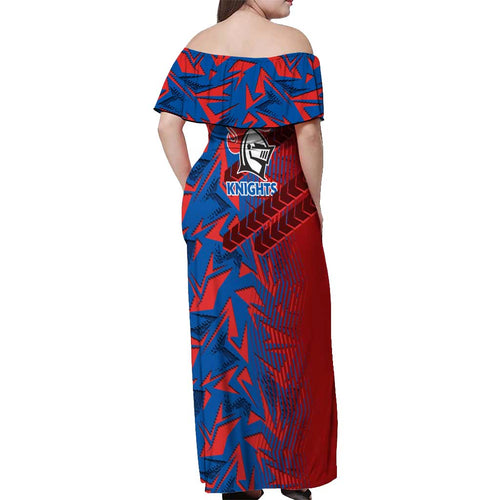 Newcastle Knights Rugby Off Shoulder Maxi Dress Fierce Mascot Geometric Tribal Art