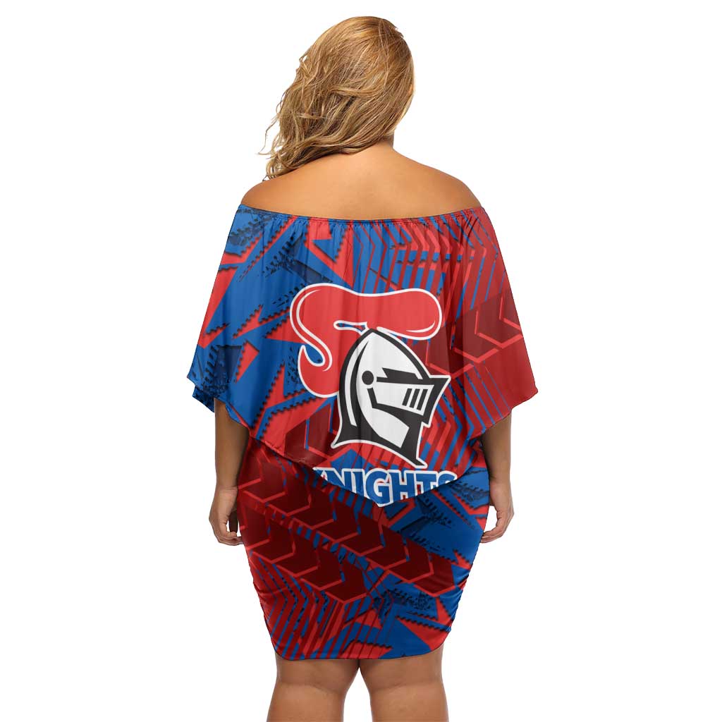 Newcastle Knights Rugby Off Shoulder Short Dress Fierce Mascot Geometric Tribal Art